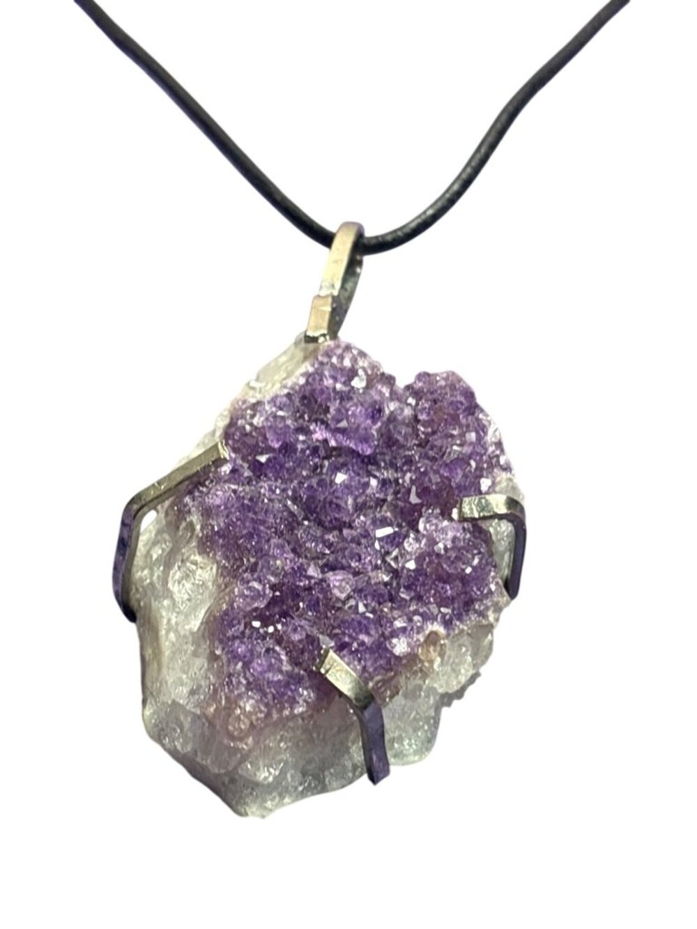 Natural Amethyst Druzy Pendant Necklace Black Cord Silvertone Lobster Clasp